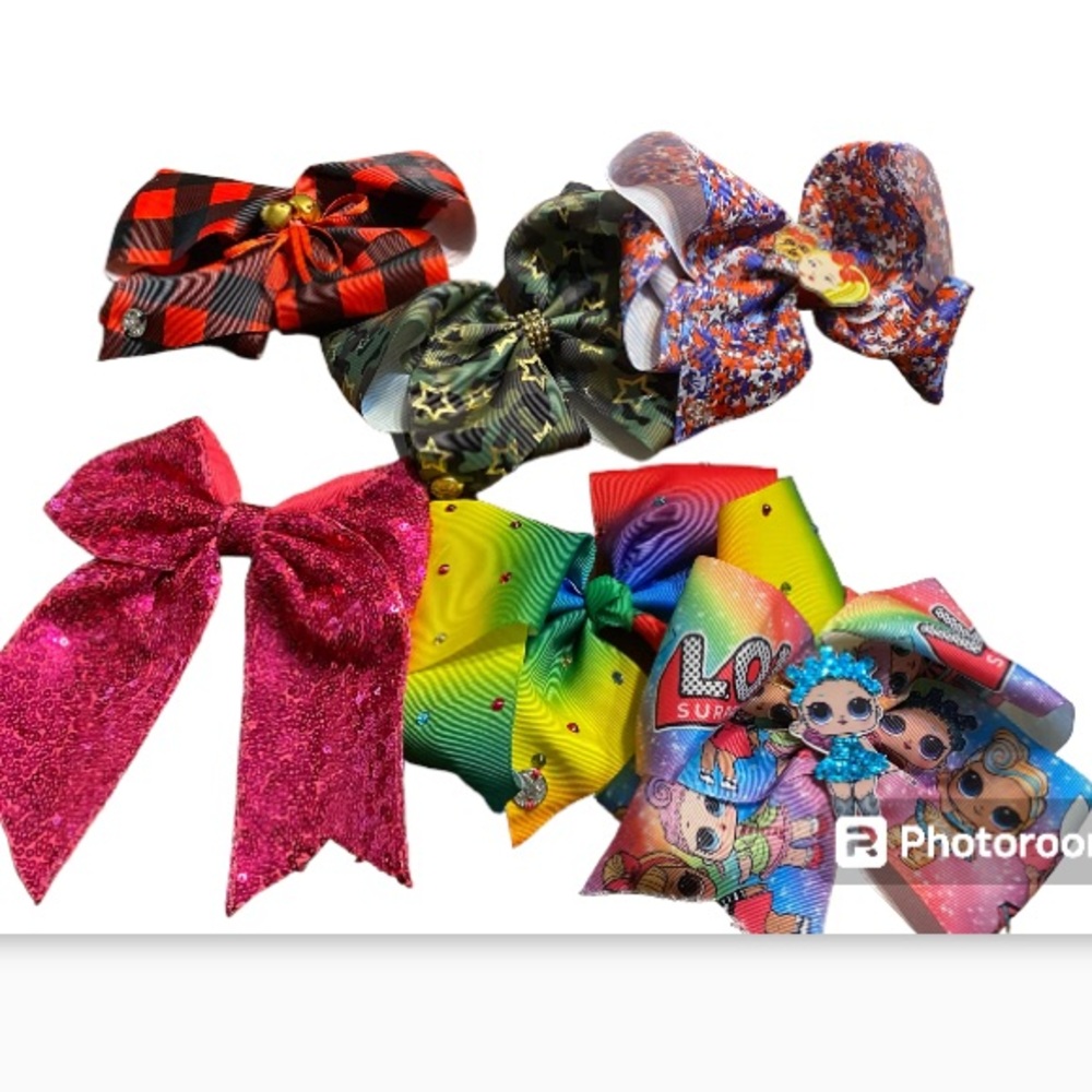 Jo Jo Siwa large cheer hair bows. (4) one ponytail bow, one lol bow